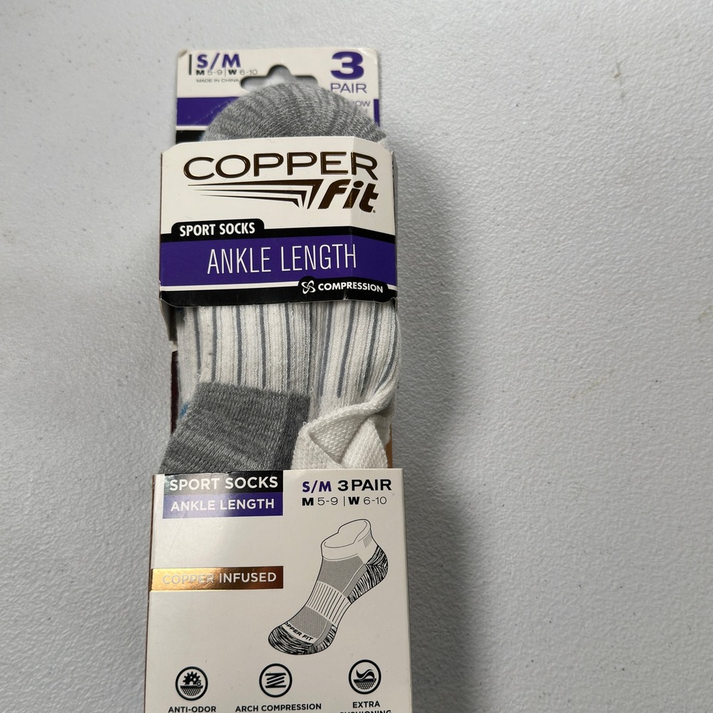 Copper Fit Sport Socks Ankle Compression White Grey Blue 3-Pair Pack S/M 5-9